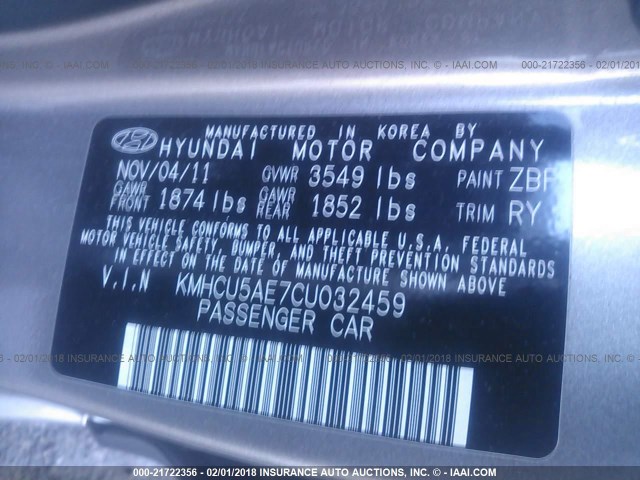 KMHCU5AE7CU032459 - 2012 HYUNDAI ACCENT GLS/GS/SE Pewter photo 9