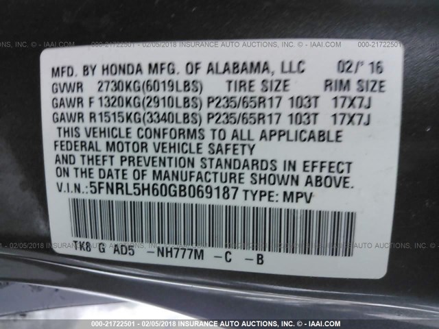 5FNRL5H60GB069187 - 2016 HONDA ODYSSEY EXL ნაცრისფერი ფოტო 9