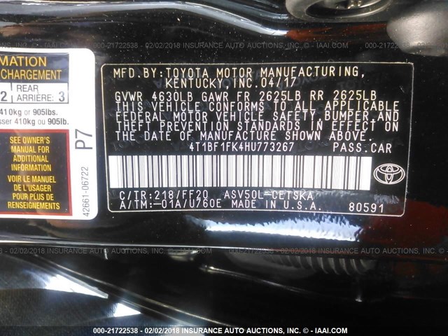 4T1BF1FK4HU773267 - 2017 TOYOTA CAMRY LE/XLE/SE/XSE შავი ფოტო 9