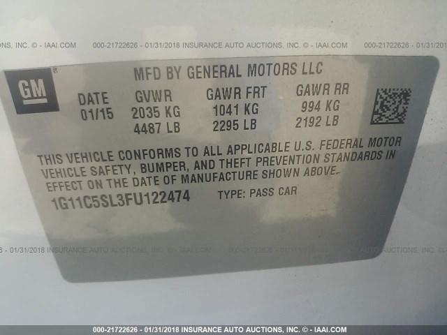 1G11C5SL3FU122474 - 2015 CHEVROLET MALIBU 1LT 白色 照片 9