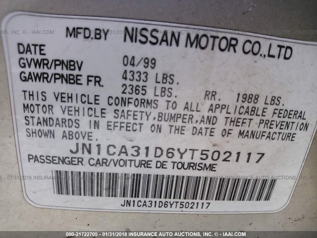 JN1CA31D6YT502117 - 2000 NISSAN MAXIMA GLE/GXE/SE GOLD photo 9