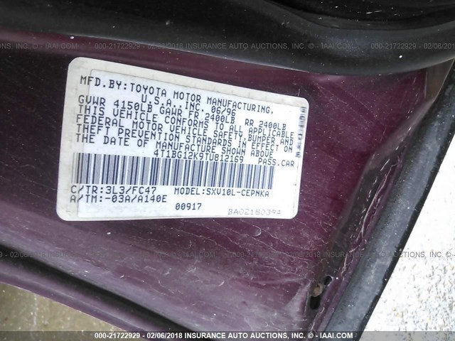 4T1BG12K9TU812169 - 1996 TOYOTA CAMRY DX/LE/XLE MAROON photo 9