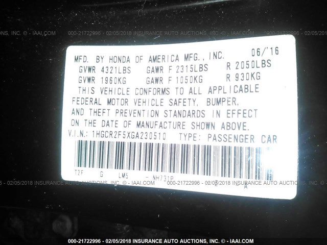 1HGCR2F5XGA230510 - 2016 HONDA ACCORD SPORT 黑色 照片 9