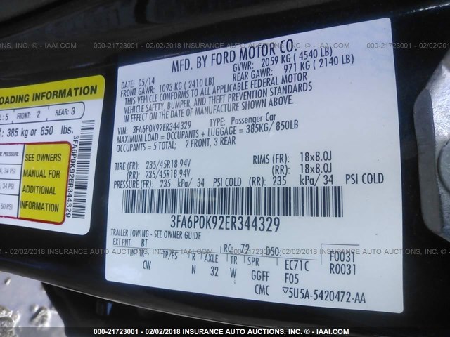 3FA6P0K92ER344329 - 2014 FORD FUSION TITANIUM BLACK photo 9