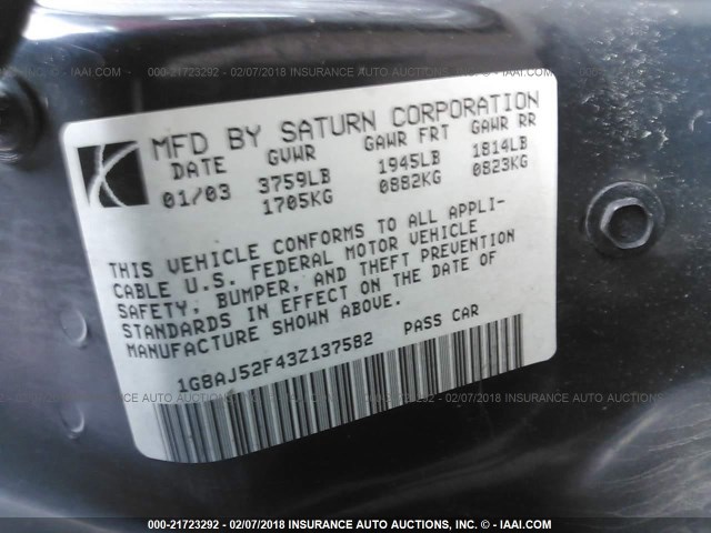 1G8AJ52F43Z137582 - 2003 SATURN ION LEVEL 2 MAROON photo 9