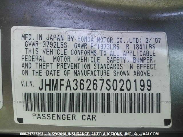 JHMFA36267S020199 - 2007 HONDA CIVIC HYBRID BROWN photo 9