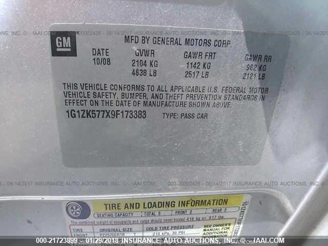 1G1ZK577X9F173383 - 2009 CHEVROLET MALIBU LTZ 银色 照片 9