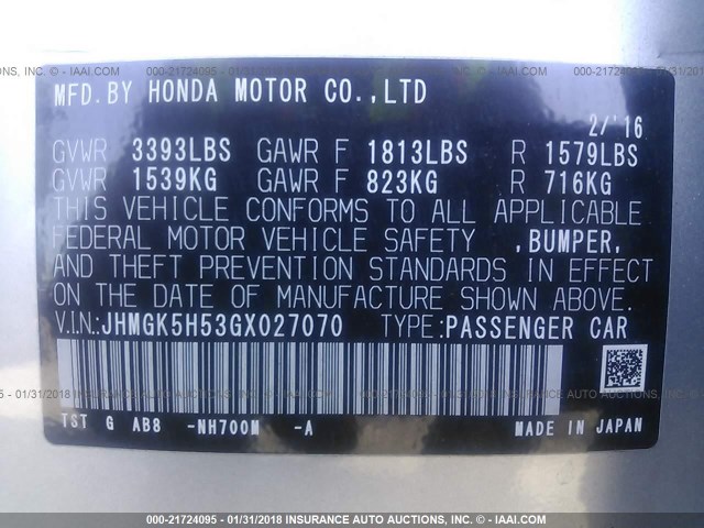 JHMGK5H53GX027070 - 2016 HONDA FIT LX SILVER photo 9