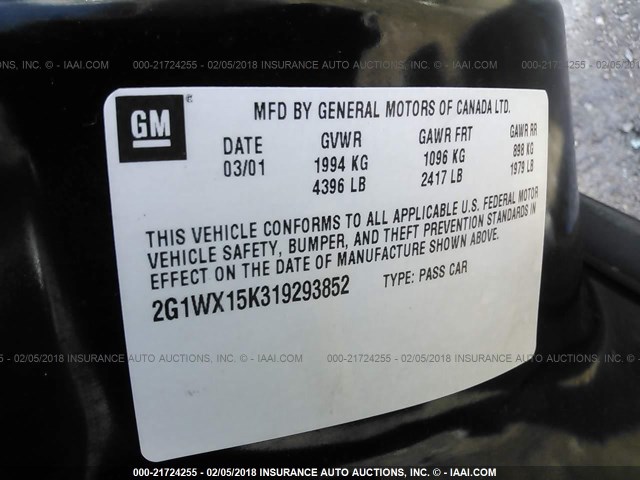 2G1WX15K319293852 - 2001 CHEVROLET MONTE CARLO SS შავი ფოტო 9