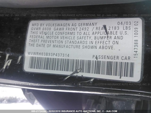 WVWRH63B93P437314 - 2003 VOLKSWAGEN PASSAT GLX 黑色 照片 9