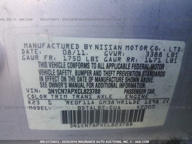 3N1CN7APXCL823788 - 2012 NISSAN VERSA S/SV/SL SILVER photo 9