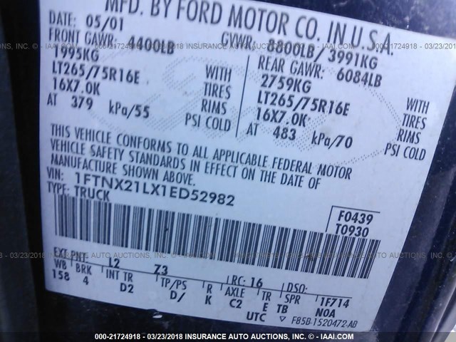 1FTNX21LX1ED52982 - 2001 FORD F250 SUPER DUTY BLUE photo 9