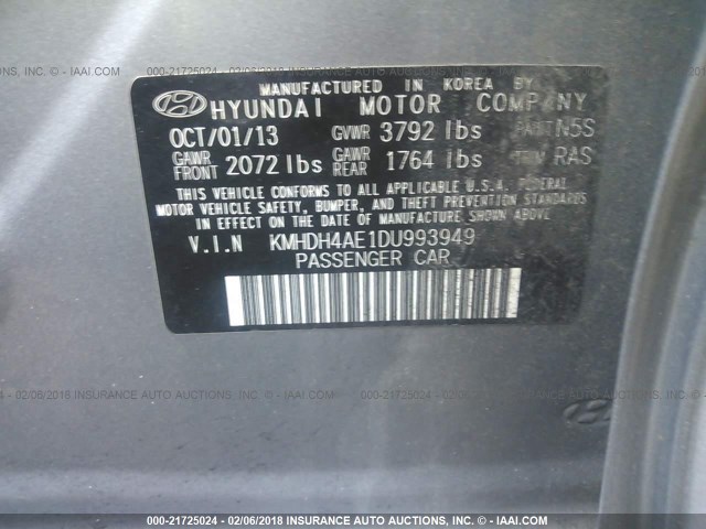 KMHDH4AE1DU993949 - 2013 HYUNDAI ELANTRA GLS/LIMITED SILVER photo 9