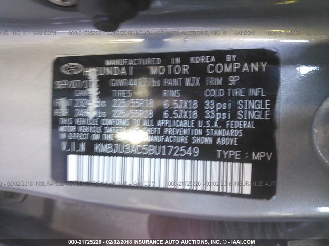 KM8JU3AC5BU172549 - 2011 HYUNDAI TUCSON GLS/LIMITED ვერცხლისფერი ფოტო 9