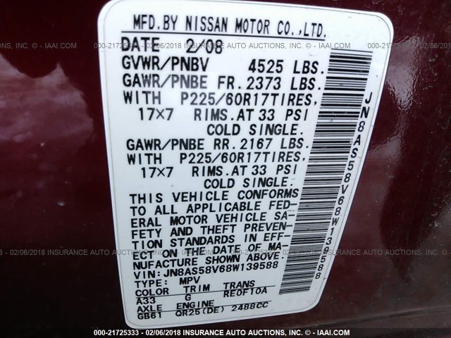 JN8AS58V68W139588 - 2008 NISSAN ROGUE S/SL RED photo 9