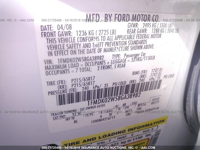 1FMDK02W58GA38982 - 2008 FORD TAURUS X SEL WHITE photo 9