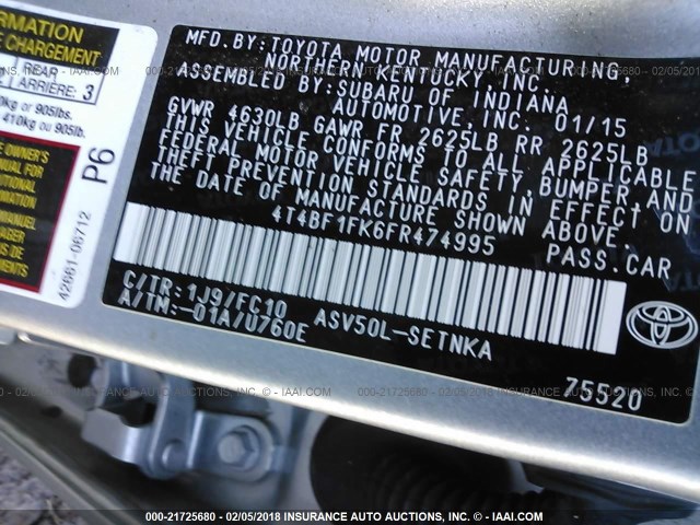 4T4BF1FK6FR474995 - 2015 TOYOTA CAMRY LE/XLE/SE/XSE SILVER photo 9