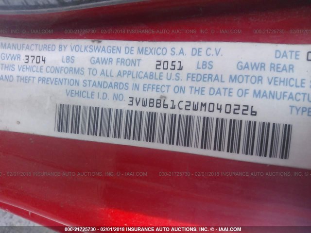 3VWBB61C2WM040226 - 1998 VOLKSWAGEN NEW BEETLE Qırmızı foto 9