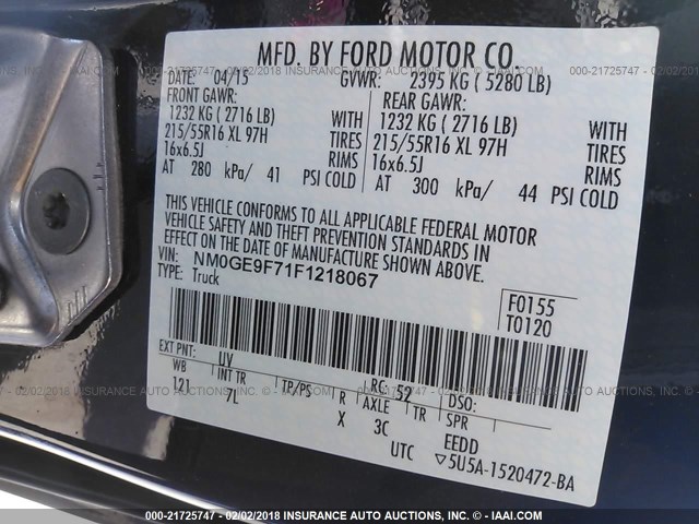 NM0GE9F71F1218067 - 2015 FORD TRANSIT CONNECT XLT BLUE photo 9