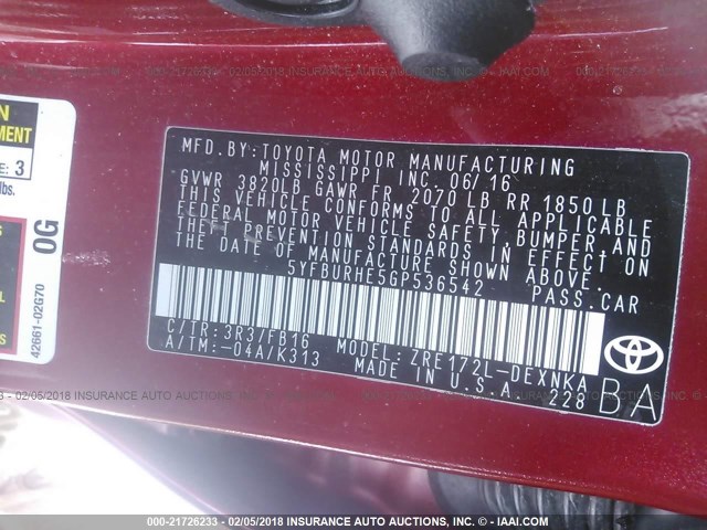 5YFBURHE5GP536542 - 2016 TOYOTA COROLLA L/LE/LE PLS/PRM/S/S PLS RED photo 9