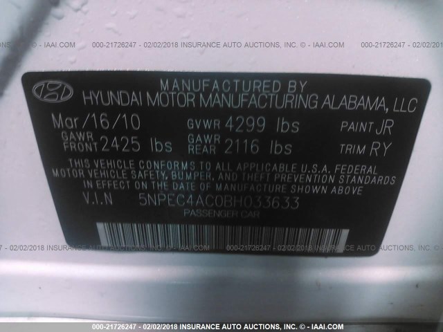 5NPEC4AC0BH033633 - 2011 HYUNDAI SONATA SE/LIMITED WHITE photo 9