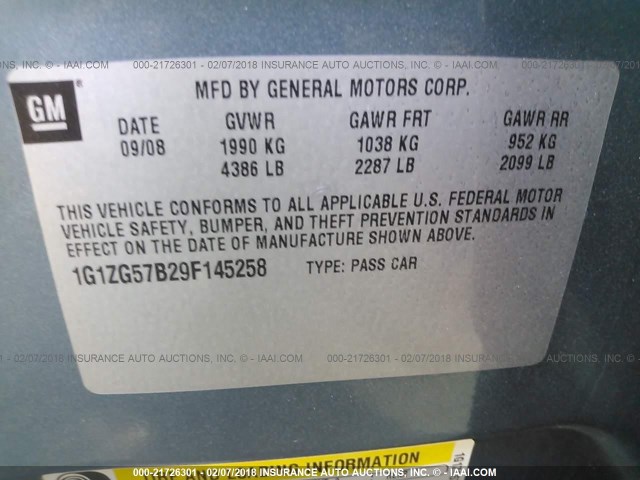 1G1ZG57B29F145258 - 2009 CHEVROLET MALIBU LS 绿色 照片 9