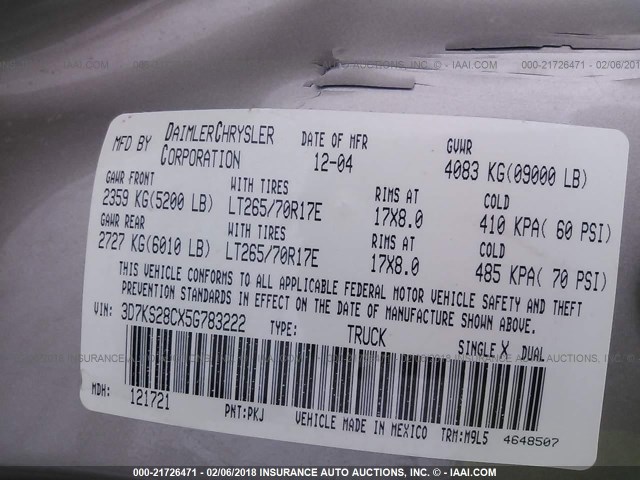 3D7KS28CX5G783222 - 2005 DODGE RAM 2500 ST/SLT 金色 照片 9