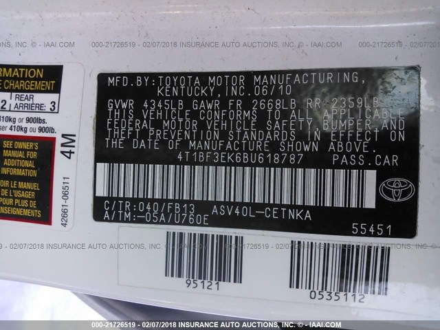 4T1BF3EK6BU618787 - 2011 TOYOTA CAMRY SE/LE/XLE WHITE photo 9