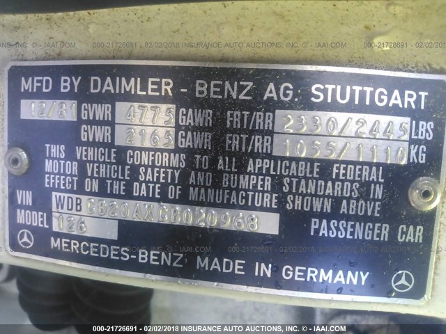 WDBCB20AXCB020968 - 1982 MERCEDES-BENZ 300 SD WHITE photo 9