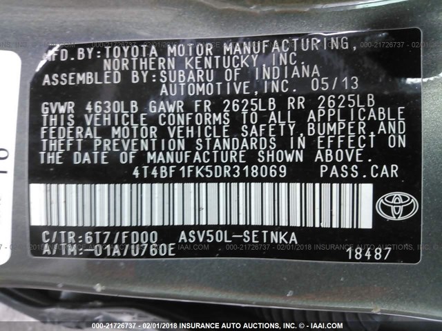 4T4BF1FK5DR318069 - 2013 TOYOTA CAMRY L/SE/LE/XLE GREEN photo 9