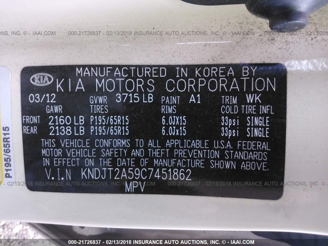 KNDJT2A59C7451862 - 2012 KIA SOUL WHITE photo 9