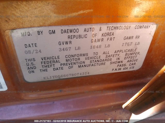 KL1TD56667B074314 - 2007 CHEVROLET AVEO LS ORANGE photo 9