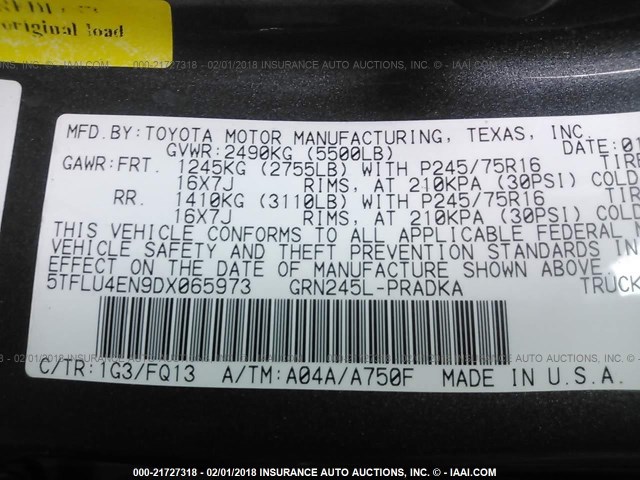 5TFLU4EN9DX065973 - 2013 TOYOTA TACOMA DOUBLE CAB ნაცრისფერი ფოტო 9