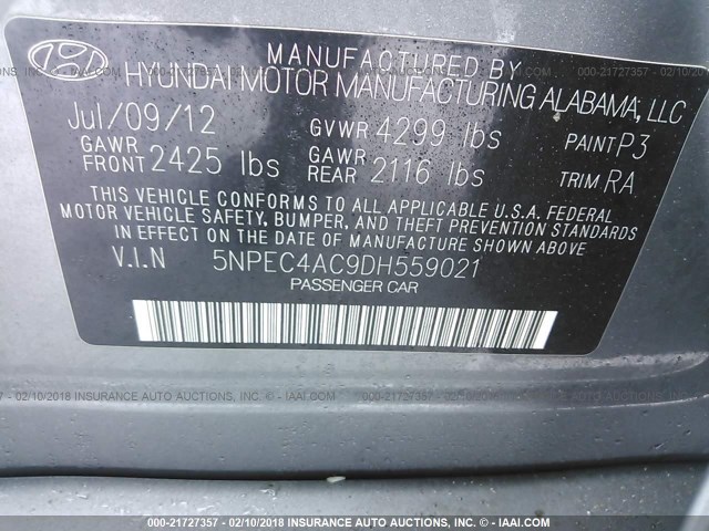 5NPEC4AC9DH559021 - 2013 HYUNDAI SONATA SE/LIMITED GRAY photo 9