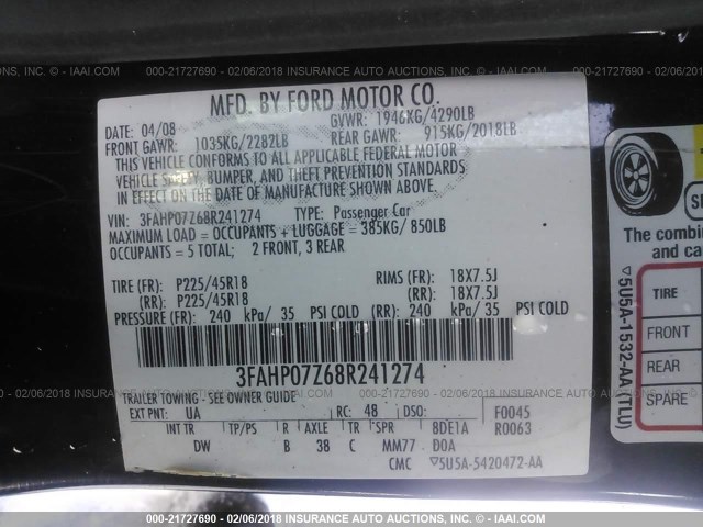 3FAHP07Z68R241274 - 2008 FORD FUSION SE BLACK photo 9