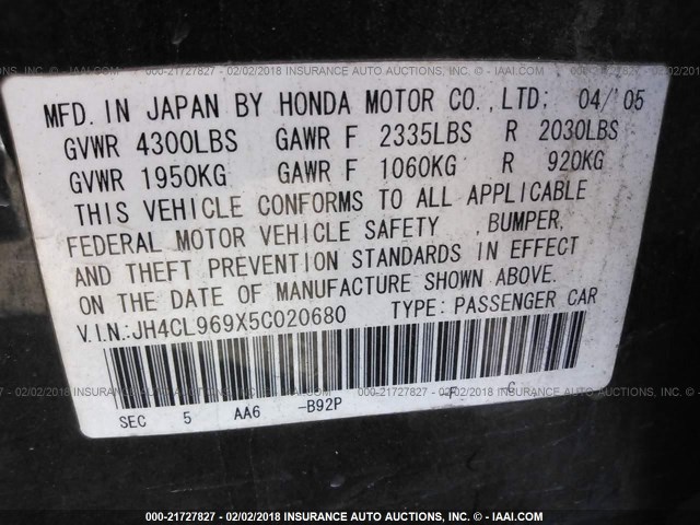 JH4CL969X5C020680 - 2005 ACURA TSX BLACK photo 9