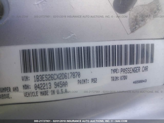 1B3ES26CX2D617870 - 2002 DODGE NEON SILVER photo 9