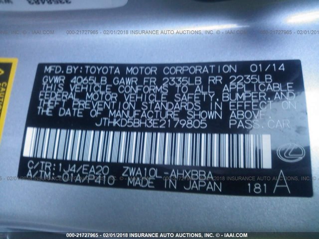 JTHKD5BH3E2179805 - 2014 LEXUS CT 200 SILVER photo 9