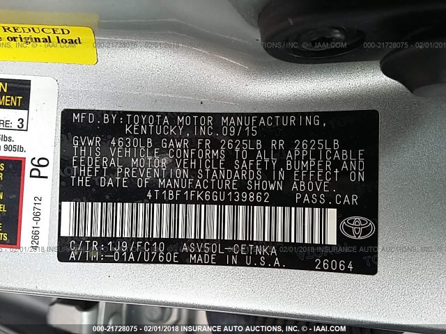 4T1BF1FK6GU139862 - 2016 TOYOTA CAMRY LE/XLE/SE/XSE Silber Foto 9