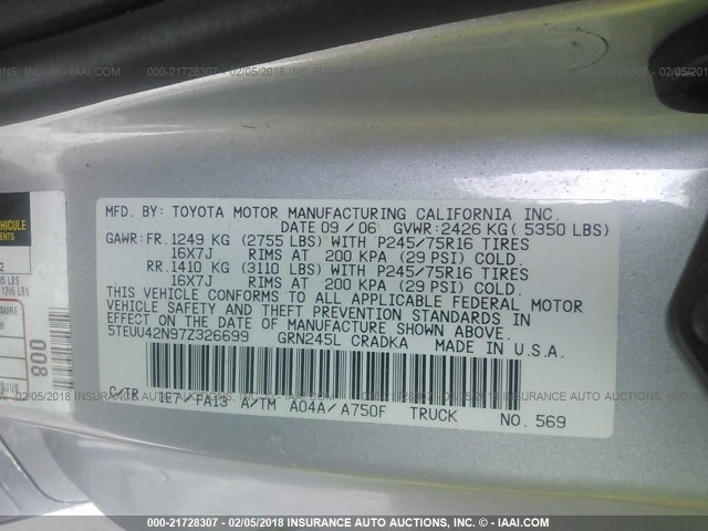 5TEUU42N97Z326699 - 2007 TOYOTA TACOMA ACCESS CAB Күміс фото 9