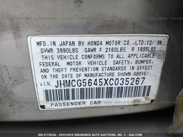 JHMCG5645XC035267 - 1999 HONDA ACCORD LX TAN photo 9