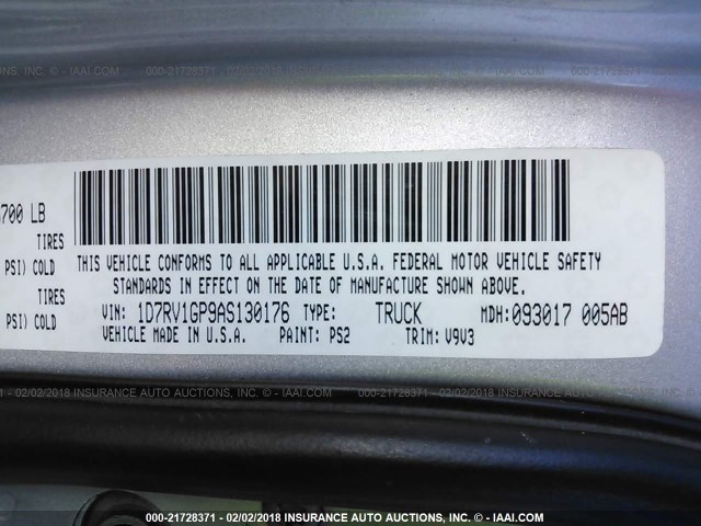 1D7RV1GP9AS130176 - 2010 DODGE RAM 1500 SILVER photo 9