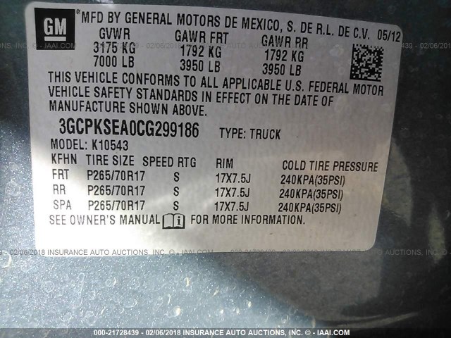 3GCPKSEA0CG299186 - 2012 CHEVROLET SILVERADO K1500 LT BLUE photo 9