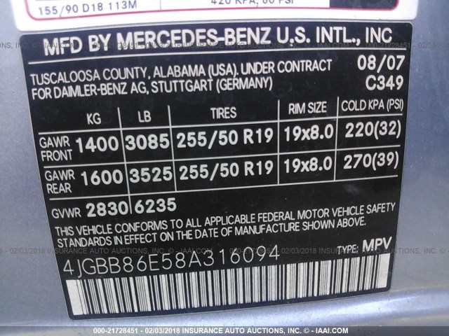 4JGBB86E58A316094 - 2008 MERCEDES-BENZ ML 350 BLUE photo 9