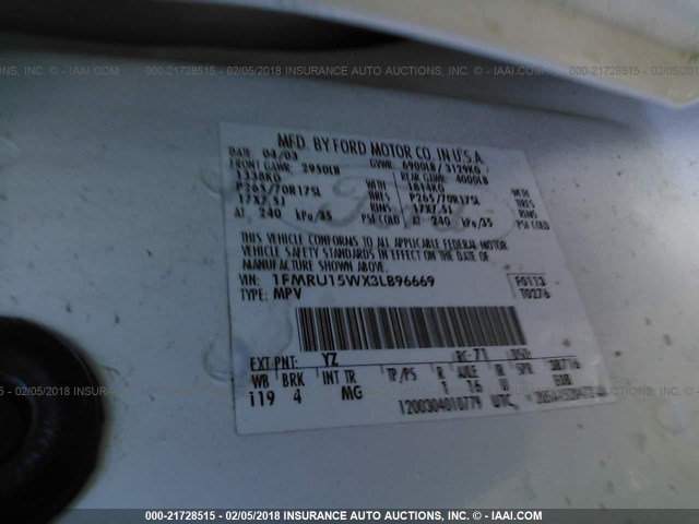 1FMRU15WX3LB96669 - 2003 FORD EXPEDITION XLT WHITE photo 9