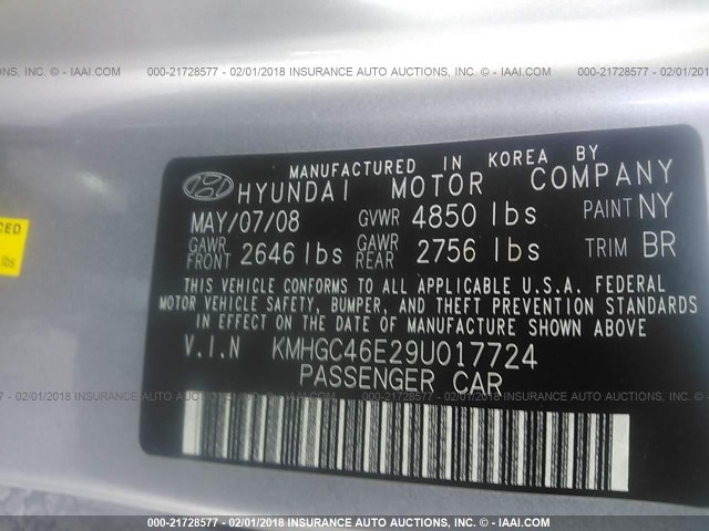 KMHGC46E29U017724 - 2009 HYUNDAI GENESIS 3.8L SILVER photo 9