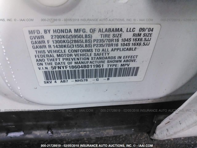 5FNYF18604B011961 - 2004 HONDA PILOT EXL WHITE photo 9