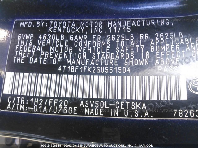 4T1BF1FK2GU551504 - 2016 TOYOTA CAMRY LE/XLE/SE/XSE მუქი ლურჯი ფოტო 9