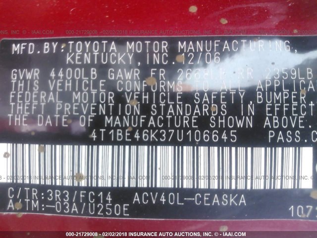 4T1BE46K37U106645 - 2007 TOYOTA CAMRY NEW GENERAT CE/LE/XLE/SE RED photo 9