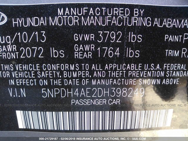 5NPDH4AE2DH398249 - 2013 HYUNDAI ELANTRA GLS/LIMITED GRAY photo 9